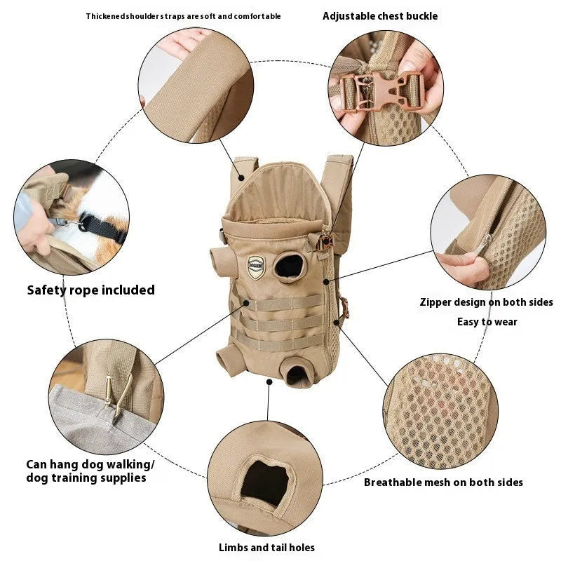 Khaki polyester pet dog backpack for medium dogs, breathable design, available in two sizes for 9-16kg pets