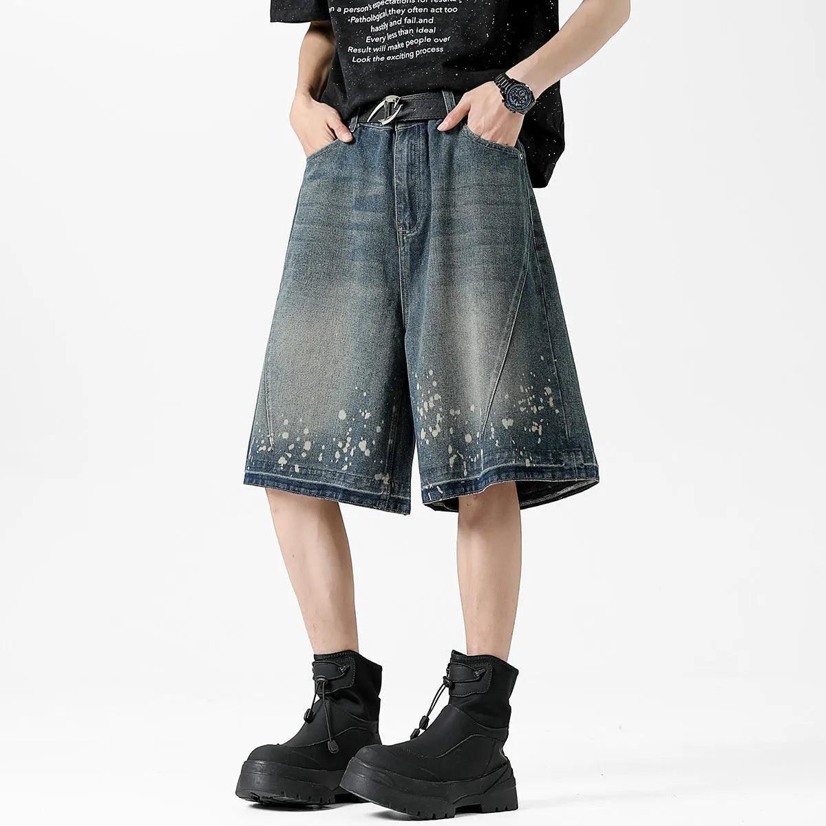 Men's retro blue denim shorts with splash ink distressing and straight-leg cut