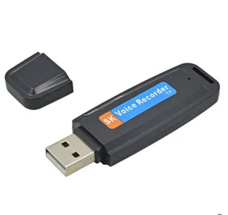 SK-001 black and white USB flash drive with voice recording function showing front and side views