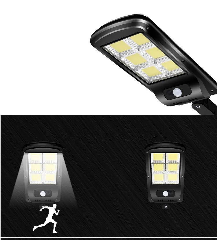 Black solar-powered outdoor security light with motion sensor for garden and driveway illumination