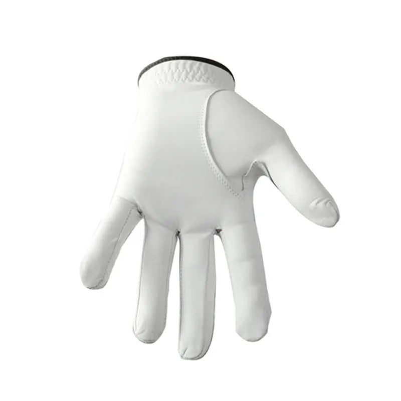 Men's white half sheepskin leather golf glove showing palm grip detail.