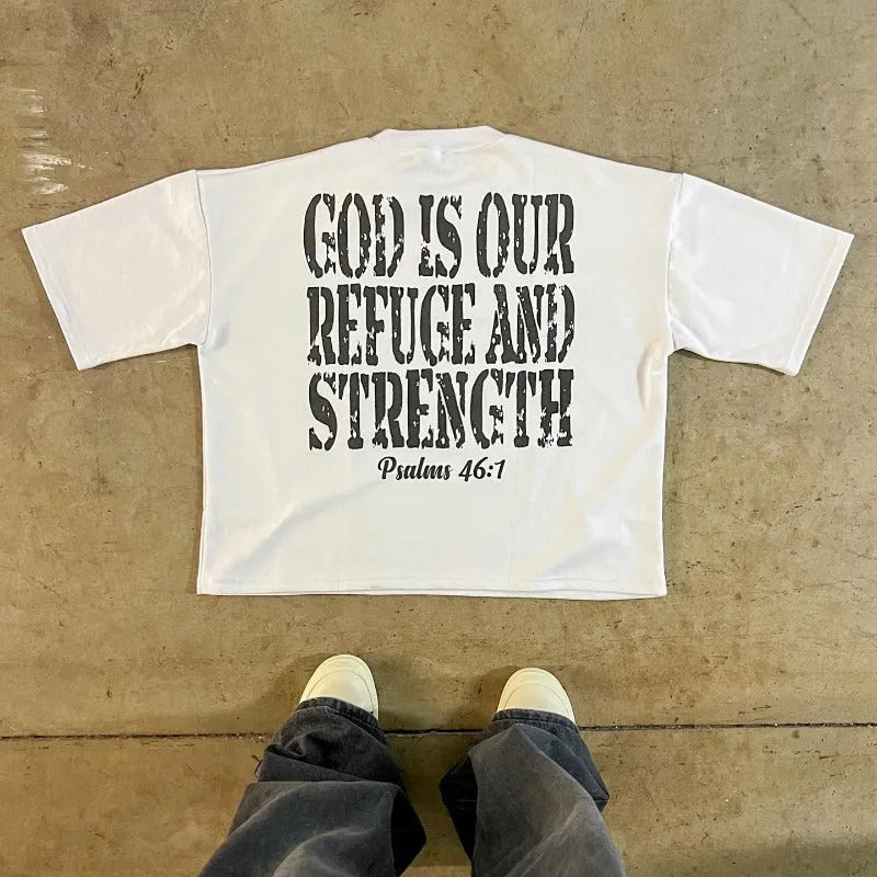 A printed cotton short sleeve T-shirt with a drop-shoulder design in a retro street style.