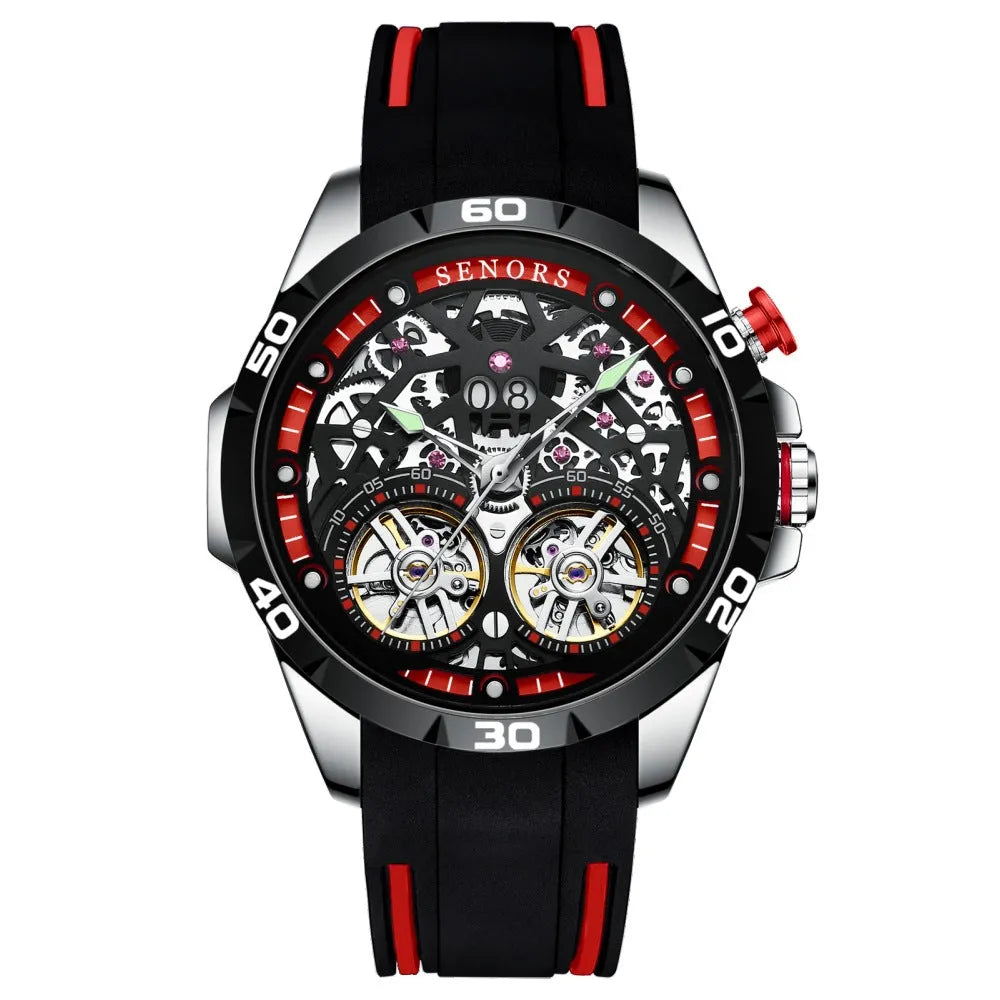 Blue automatic mechanical men's watch with luminous hands and skeleton dial on a business-style strap.