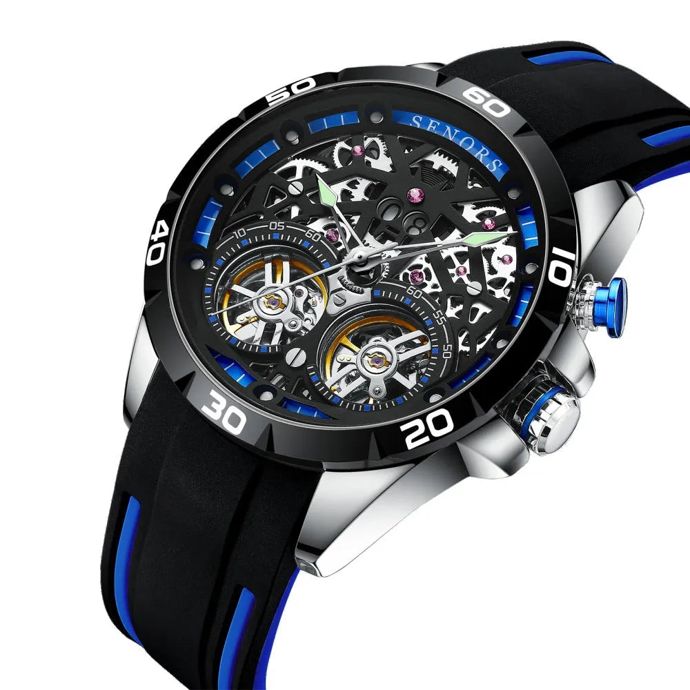 Blue automatic mechanical men's watch with luminous hands and skeleton dial on a business-style strap.