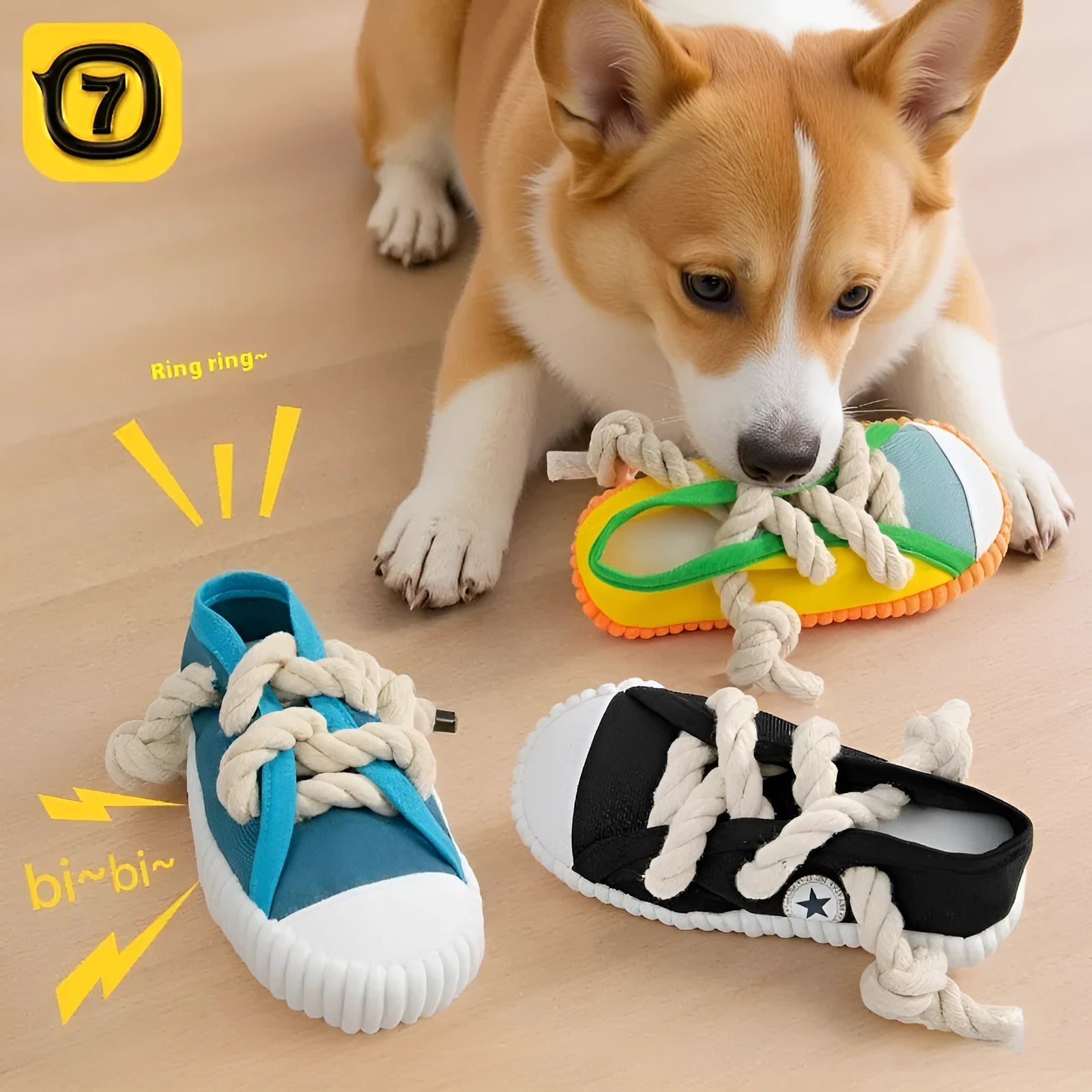 Plastic dog chew toy in yellow, shown bending to produce a sound.