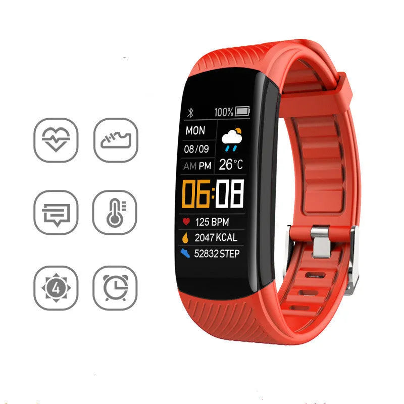 C5S model sports pedometer bracelet in various colours on a wrist, showing 0.96-inch screen.