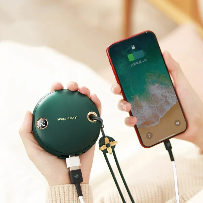 Green hand warmer power bank with digital display showing charge level, measuring 89.5mm square