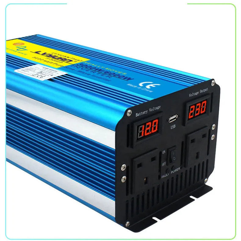 Blue 3000W pure sine wave power inverter with digital display and British socket