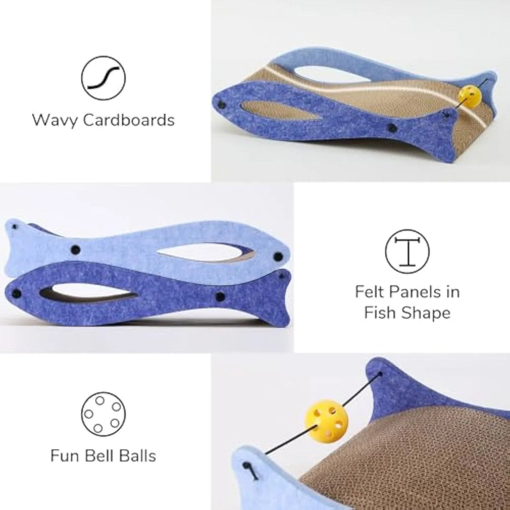Blue fish-shaped cat scratcher with wavy lounge design and hanging bell ball toy for indoor feline enrichment