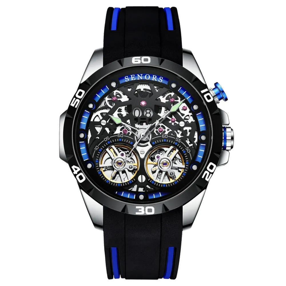 Blue automatic mechanical men's watch with luminous hands and skeleton dial on a business-style strap.