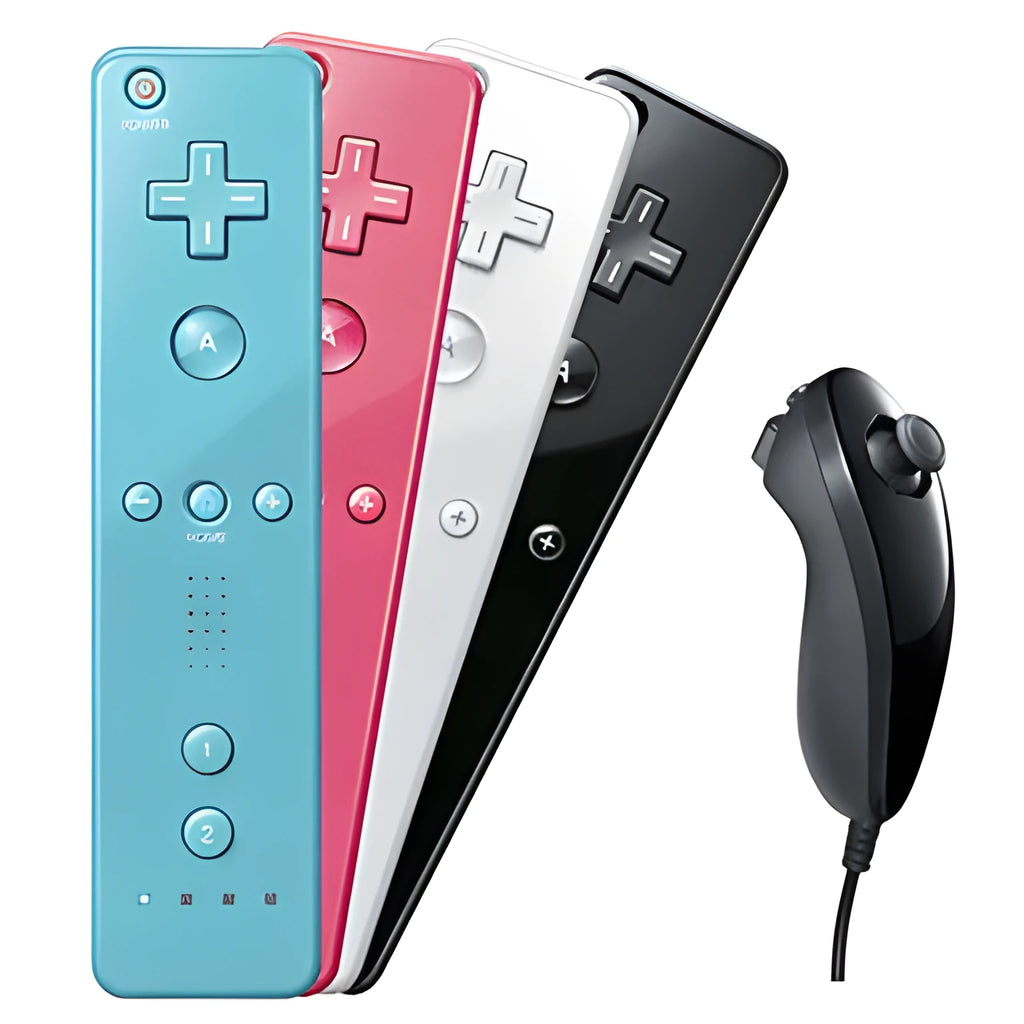 Wii left and right gamepad controllers in chosen colour with infrared sensor and accessories.