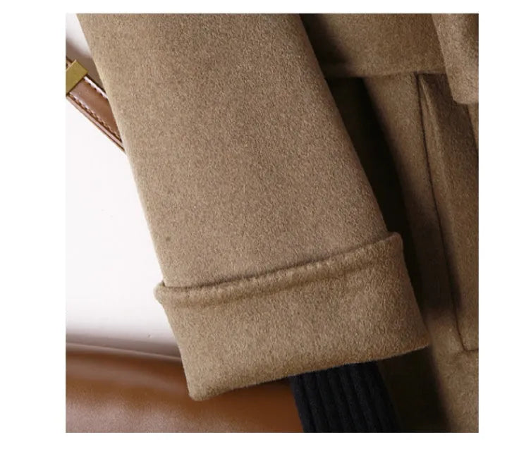 Men's wool coat with long suit-style collar in black or caramel colour