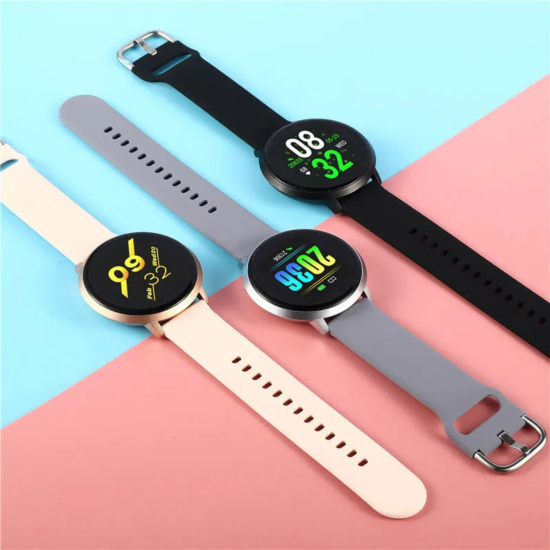 Ultra-thin waterproof smart health bracelet in silver with a silicone wrist strap and 1.3-inch screen.
