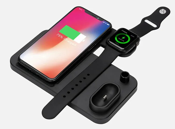 4-in-1 foldable wireless charging station showing phone, Apple Watch, and AirPods charging on adjustable stand