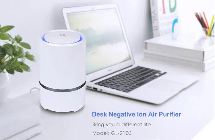 White USB desktop air freshener with anion generator, 125mm diameter, 194mm height, on desk with USB cable