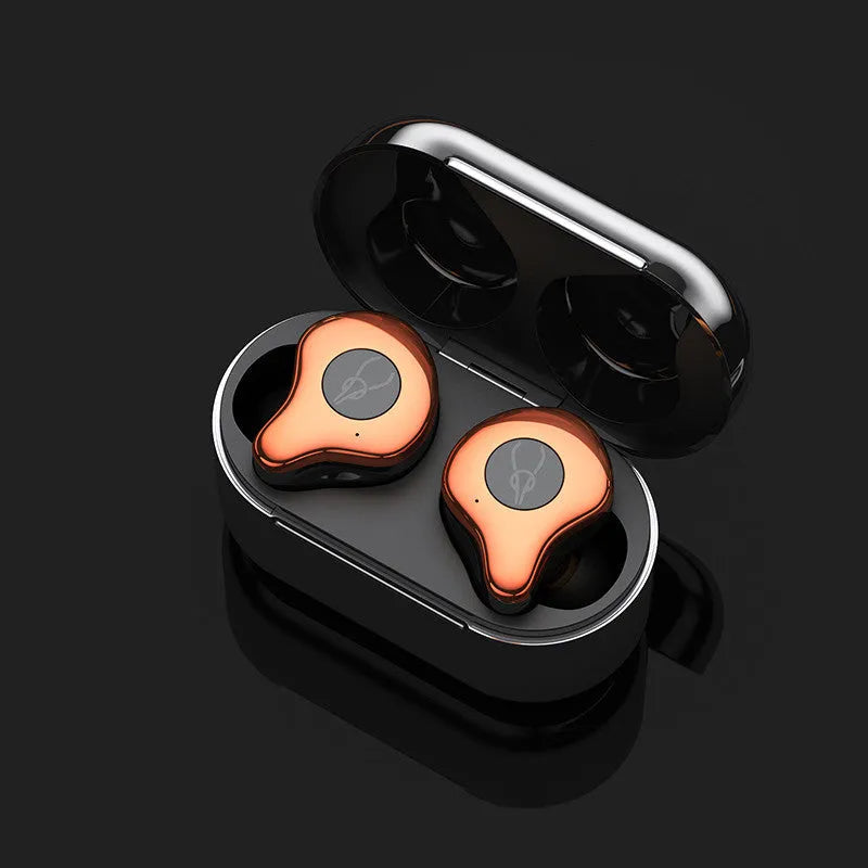 Wireless Bluetooth TWS earbuds with charging case in silver colour.