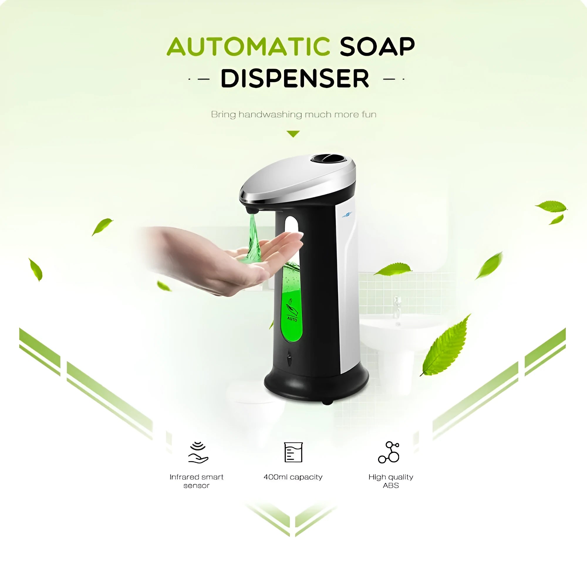 Black automatic liquid soap dispenser with sensor and non-drip spout for touchless operation