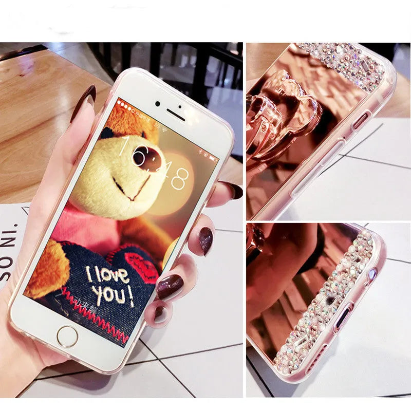 Silicone drill mirror phone case with handmade rhinestones on rose gold finish for iPhone