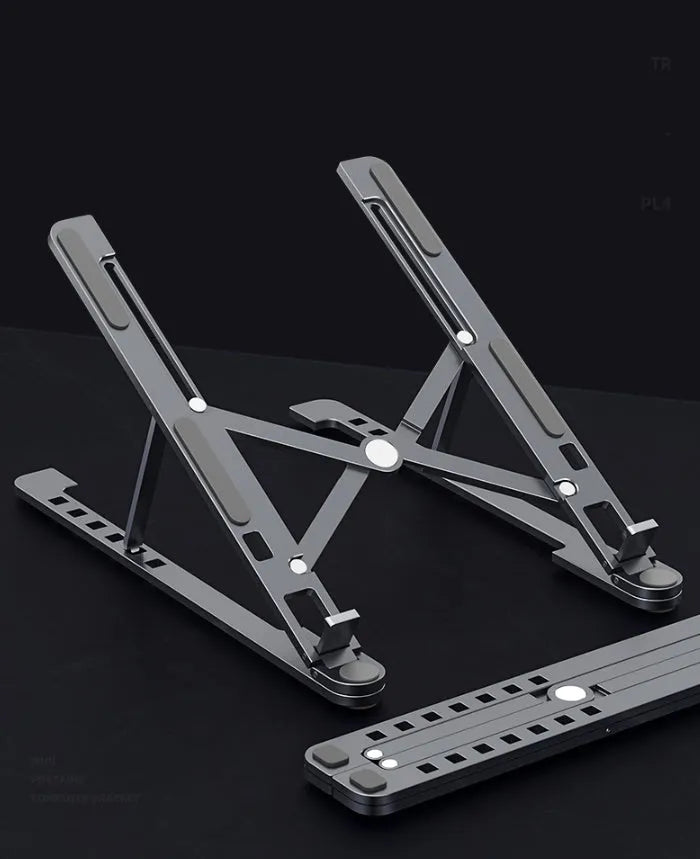 Portable aluminum laptop stand folded and unfolded, showing adjustable height and silver colour