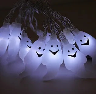 Halloween LED string lights with pumpkin, bat and ghost decorations showing colour changing illumination