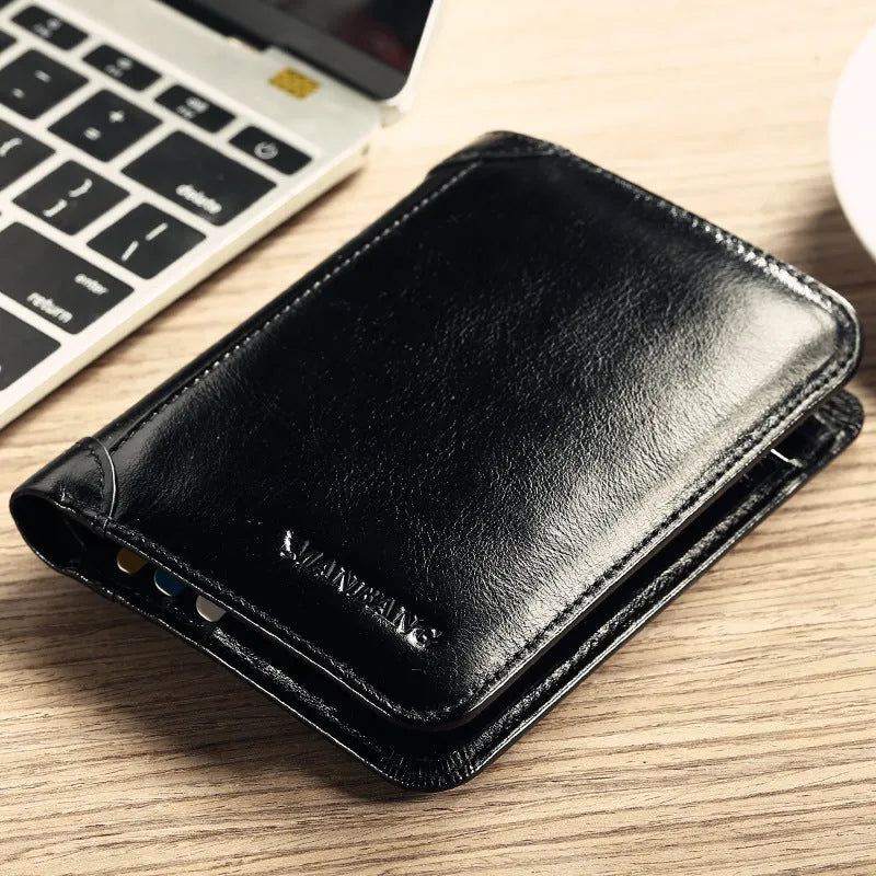 Men's compact leather wallet open showing card slots, change pouch, photo slot, and dark privacy compartment.