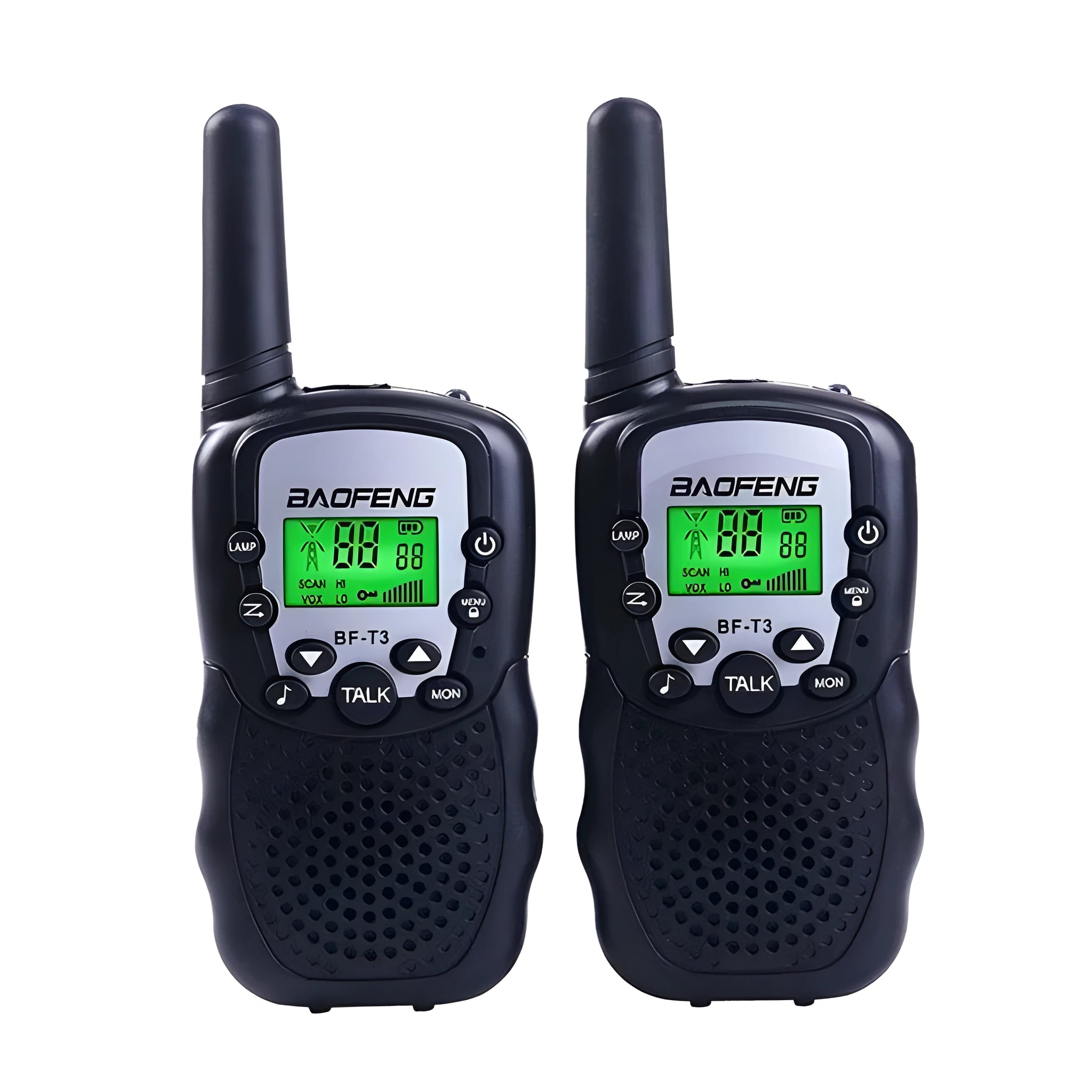 Children's walkie talkie set showing two handheld units in available colour options with 22-channel display