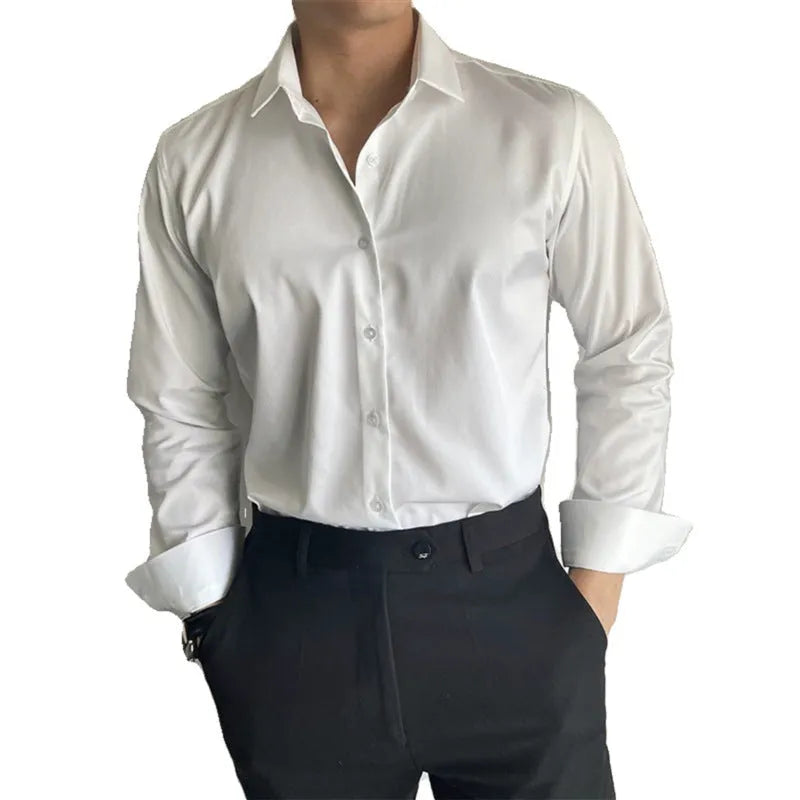 Men's Korean slim fit cardigan-style shirt in solid black, grey, or white.
