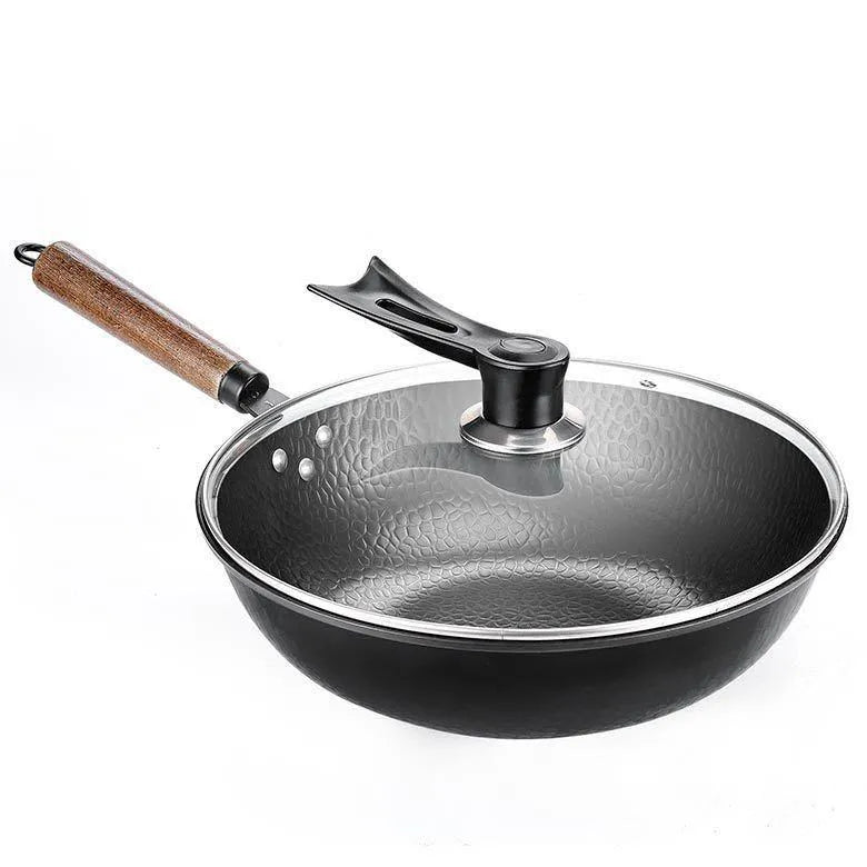 Traditional black iron wok with wooden handle, 40cm diameter, shown with glass lid option