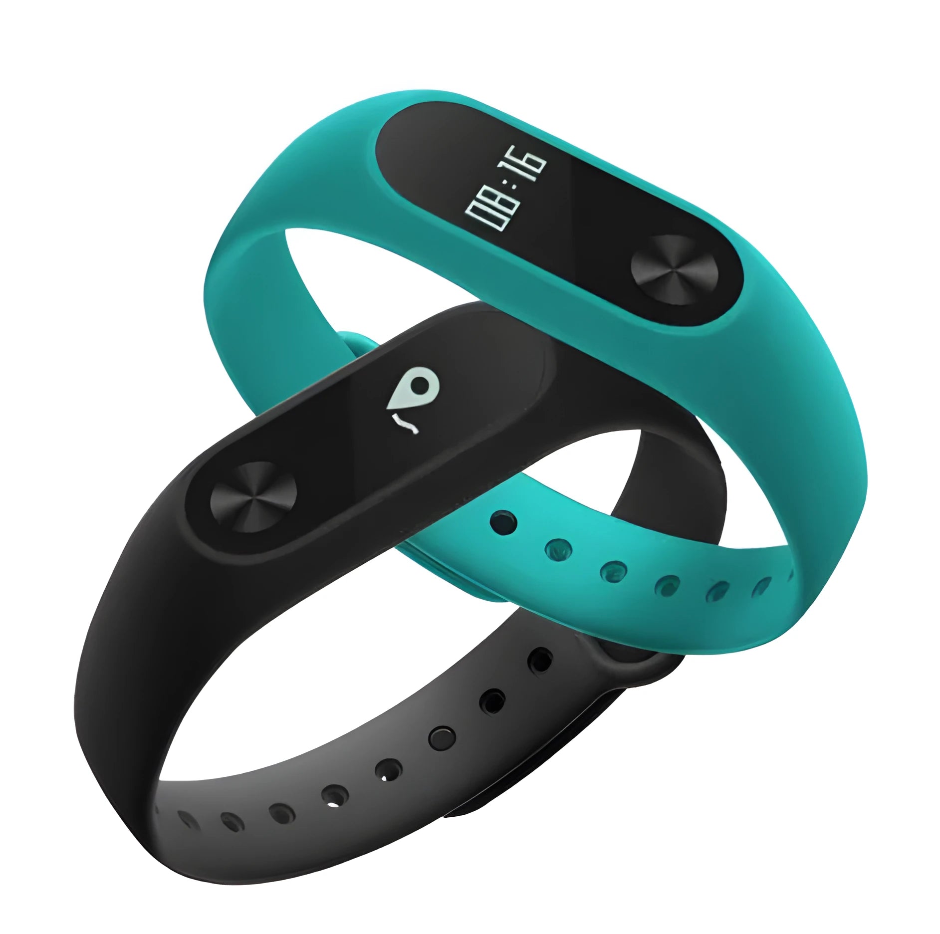 Black Xiaomi Mi Band 2 fitness tracker on wrist showing OLED screen with heart rate and step count.