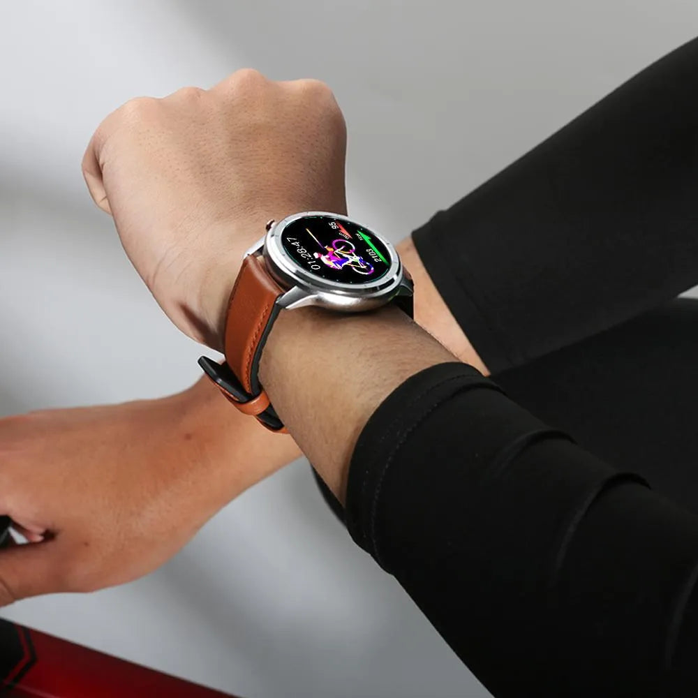 LEMFO LF26 smart bracelet on wrist showing 1.3-inch touchscreen display in silver finish.
