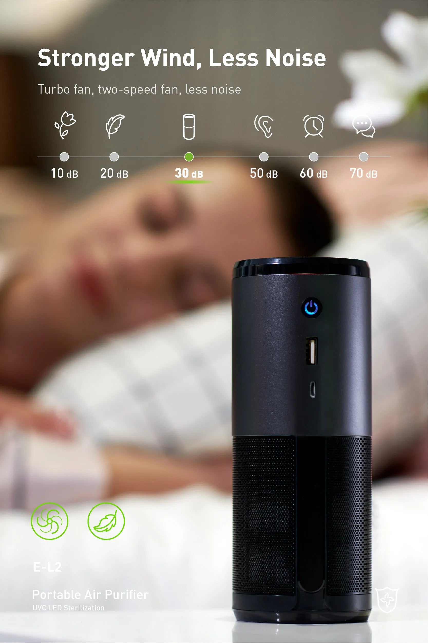 Black portable mini car air purifier with metal body and coloured light display on a desk