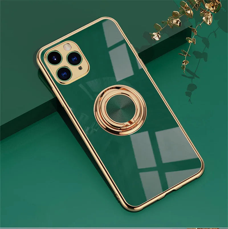 Silicone plating phone case for iPhone in various colours including milk tea, black, and light purple.