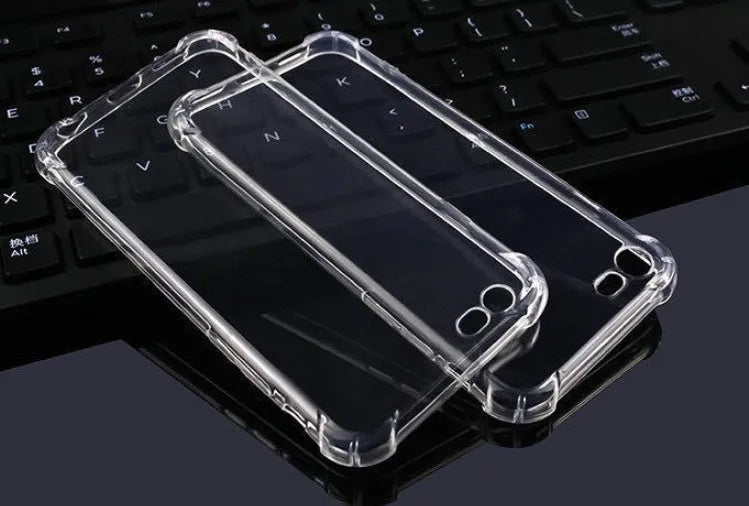 Clear transparent TPU back cover case for iPhone on a table.