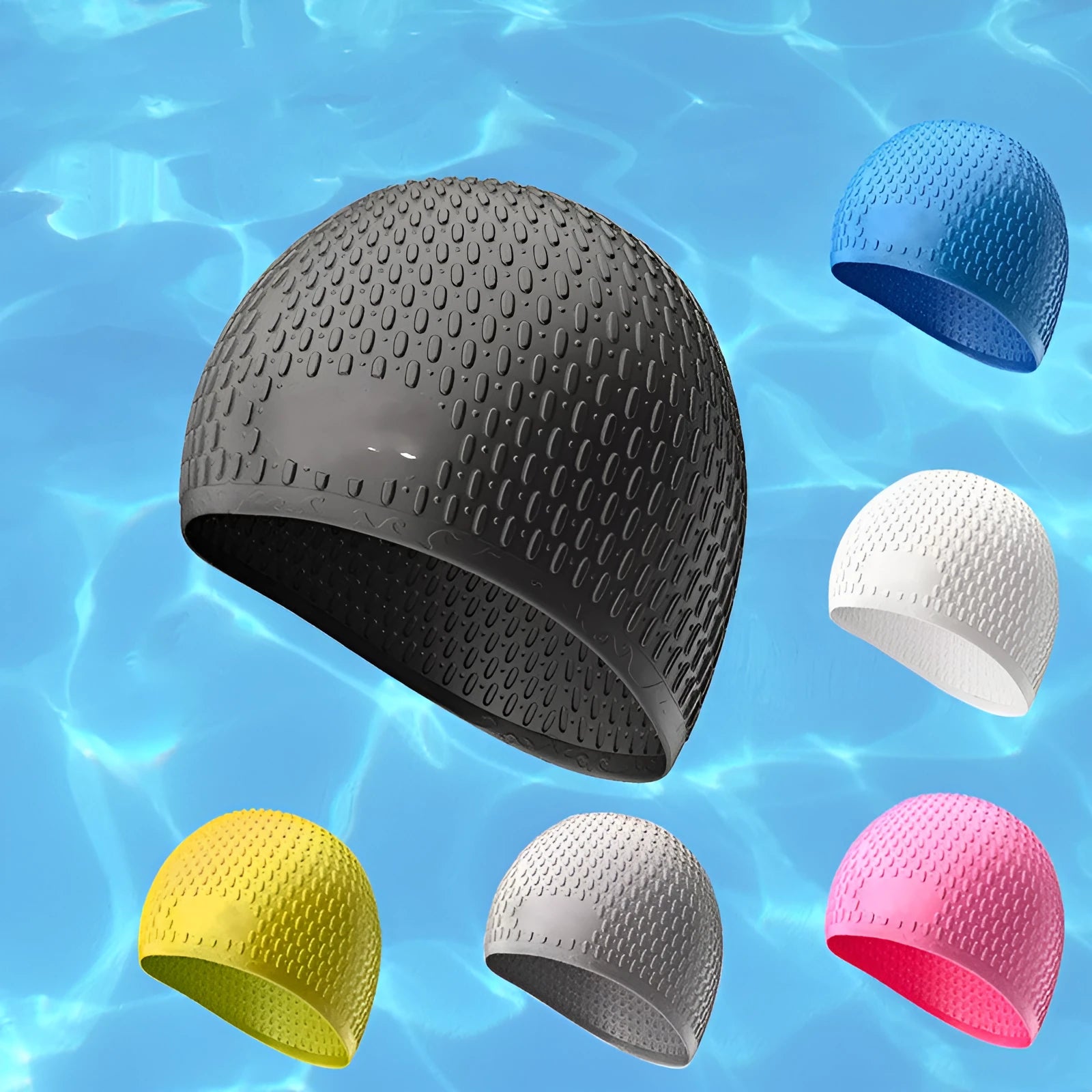 Silicone adult swimming cap with water drop pattern in solid colour options.