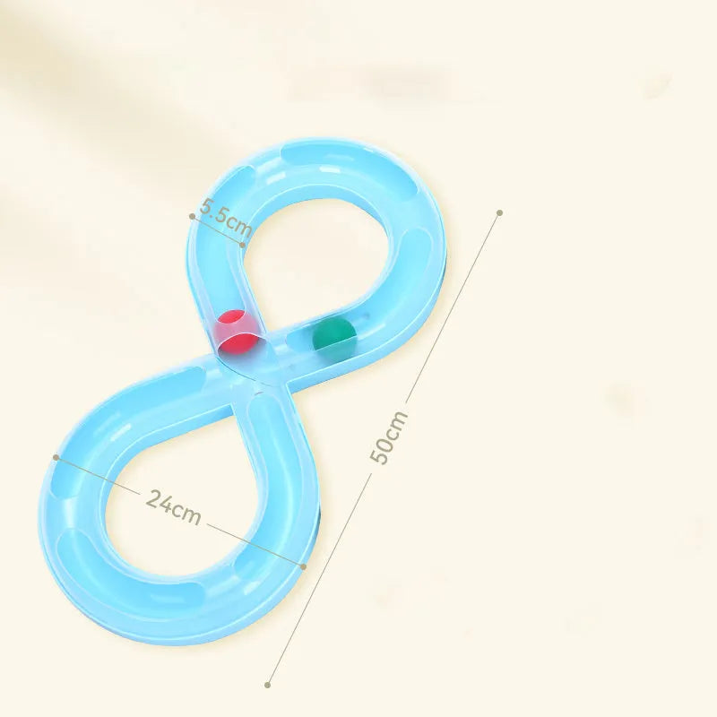 Blue and white cat turntable track toy with teasing stick for interactive play