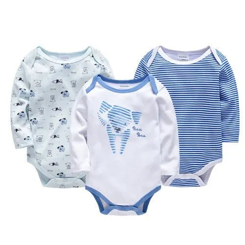 Cotton long sleeve baby jumpsuit with blue elephant print, available in sizes 3M to 24M