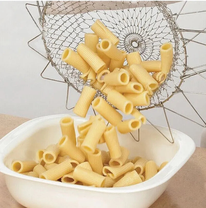 Foldable stainless steel deep fry basket with grid pattern, shown with handle.