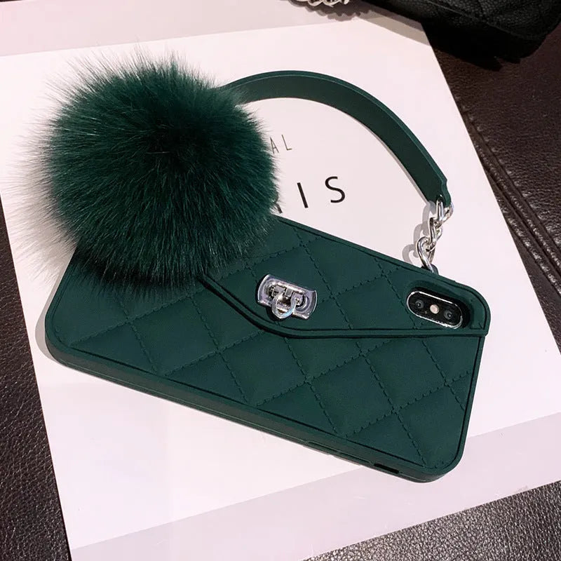 Soft plush TPU phone case for iPhone in dark green grid pattern, showing back cover design.