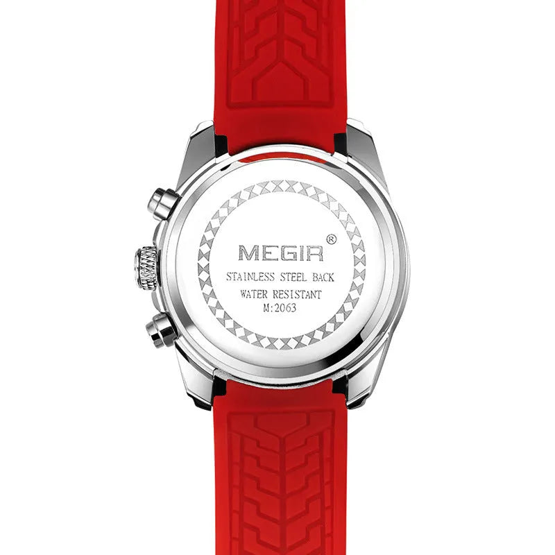 Multifunctional sports watch with black silicone strap, 46mm dial, and mineral glass face