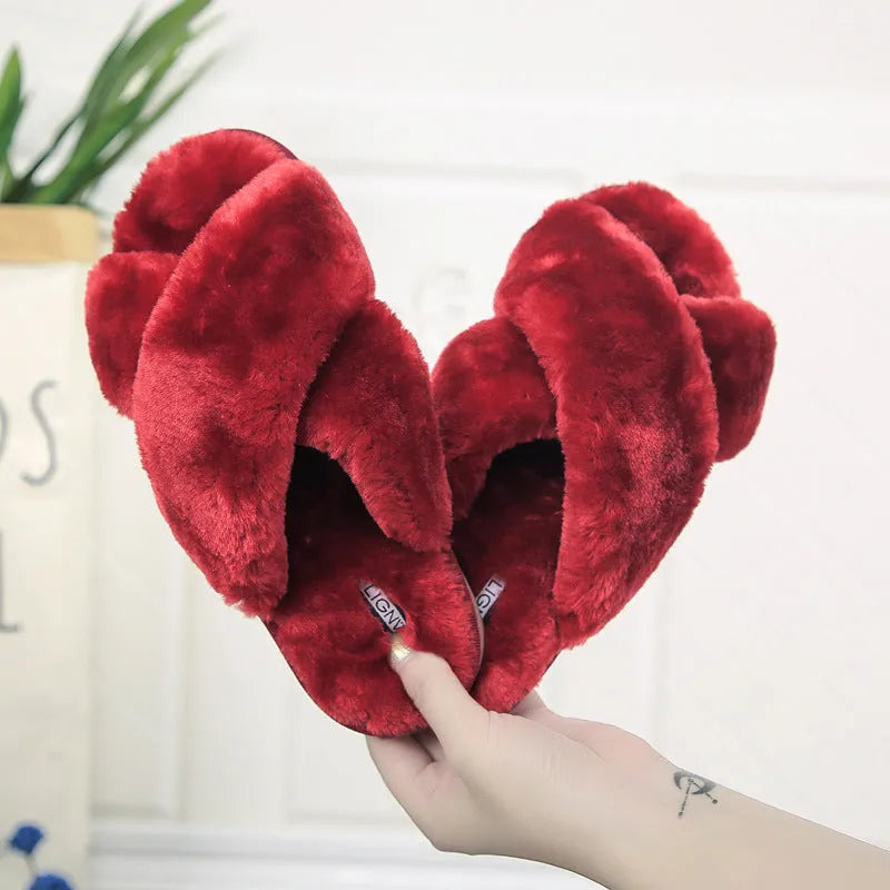 Cross open-toe fur slippers in multiple colours showing fur lining and patterned non-slip sole.