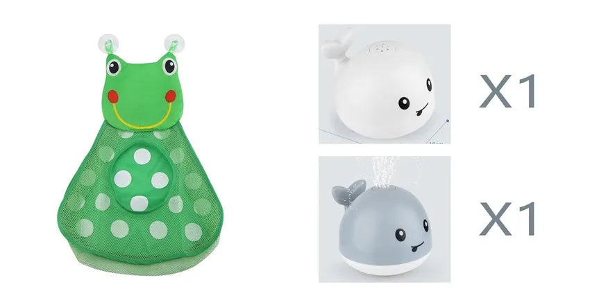 Blue and white whale bath toy with water spray and flashing lights for baby sensory play