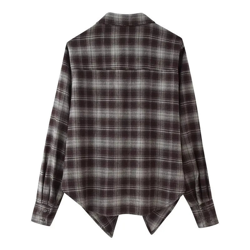 Women's loose-fit plaid shirt with long sleeves, button placket, and plant-and-flower print on a blue-green plaid base