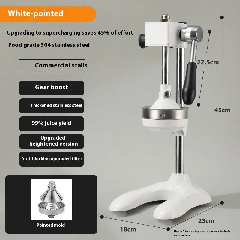 Vertical stainless steel manual juicer showing colour options and tip style variations