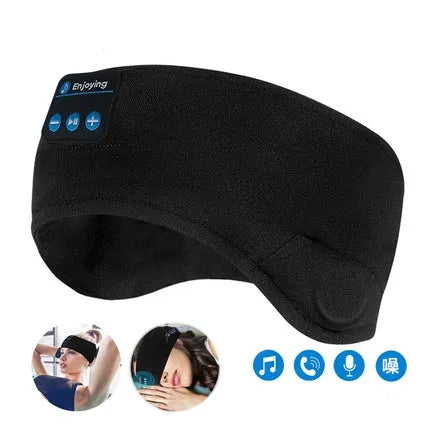 Black Bluetooth sleep mask with integrated wireless headphones for music listening and blackout.