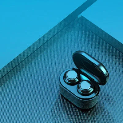 Black bilateral stereo Bluetooth headset with earplug design on a white background.