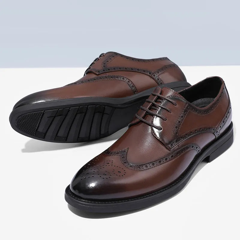 Men's black and brown brogue Oxford style formal shoes with perforated detailing.