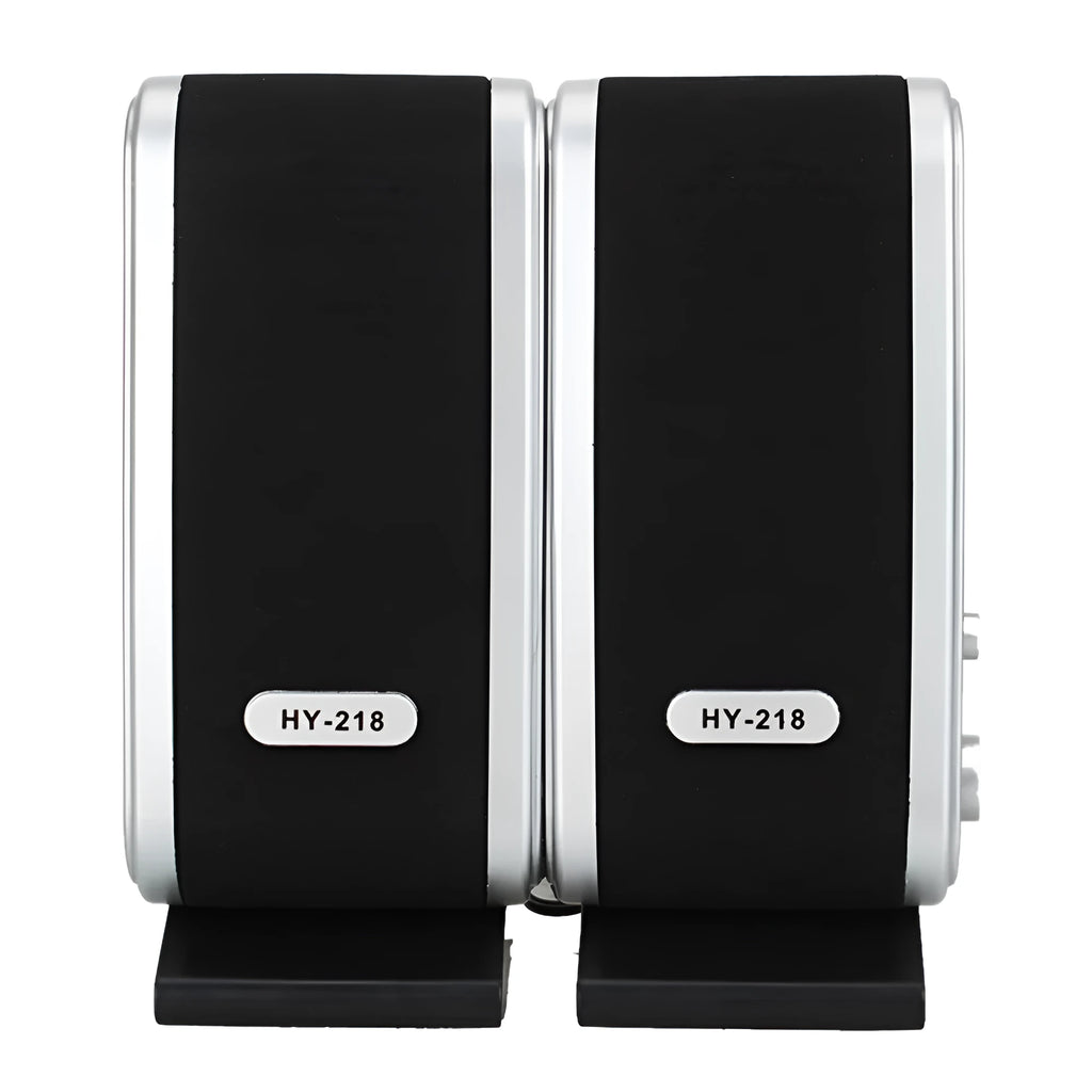 Compact black mini USB stereo speaker for notebook and desktop computers.