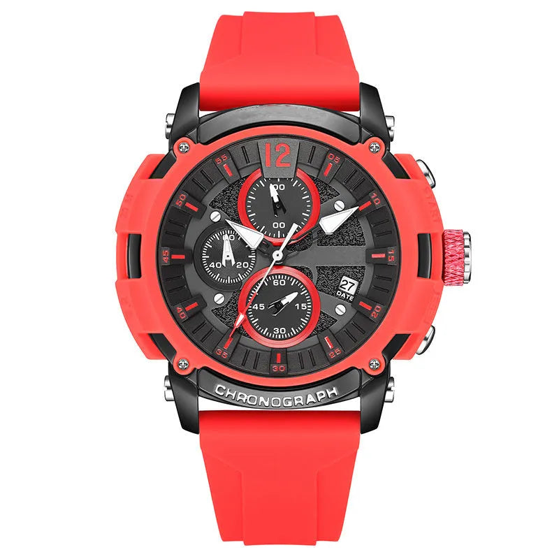 Men's digital quartz watch with calendar display showing black, blue, green, orange and red colour options