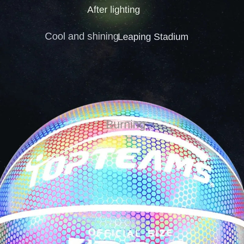Size 7 basketball with holographic reflective surface in fluorescent colours