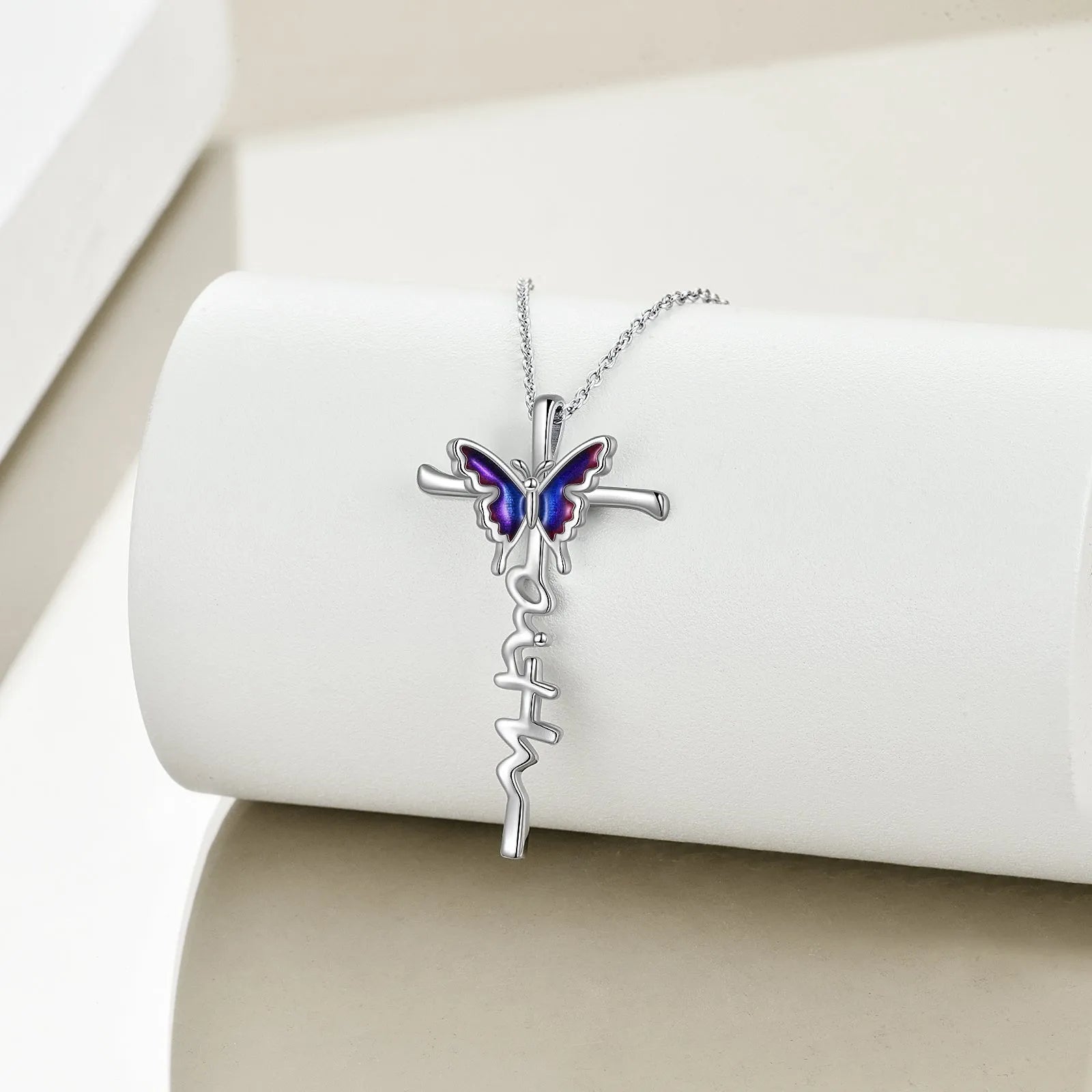 Sterling silver butterfly cross pendant necklace on white gold plated cable chain